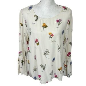 Alexander‎ Jordan Flower Names Blouse Women's L Cream Multi Floral Bell Sleeve